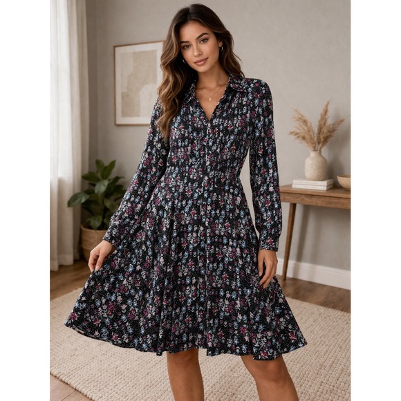Nanette Lepore Dresses & Skirts - Nanette Lepore Shirt Dress Women 12 Black Floral Polka Dot Pleated Long Sleeve
